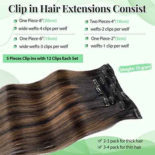 Hair Extensions Real Human Hair, Clip in Hair Extensions for Women 70g 5pcs Thick Straight Natural Black Highlights Brown Human Hair Clip in Extensions Seamless Remy Human Hair Extensions 22 Inch