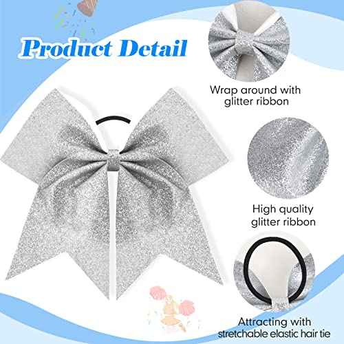 16 PCS 8" Large Glitter Cheer Bows for Cheerleaders, CN Sparkly Hair Bows with Elastic Hair Ties Accessories for Teens Girls Women Cheerleading Softball Competition Sports (Silver)
