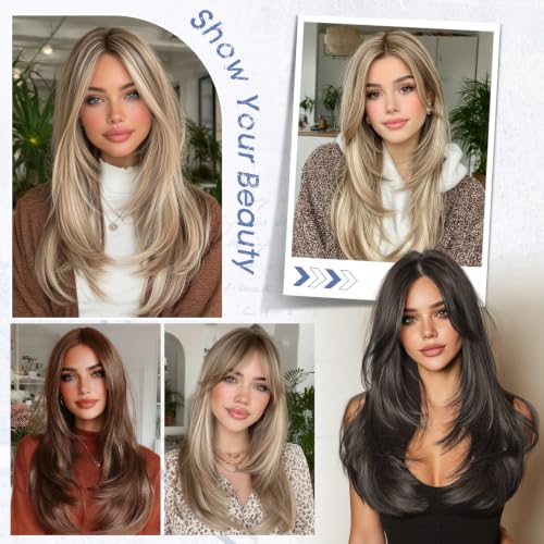 Haloo 24 Inch Dirty Blonde Blonde Wig with Curtain Bangs, Lace Front, Straight Synthetic Hair for Women