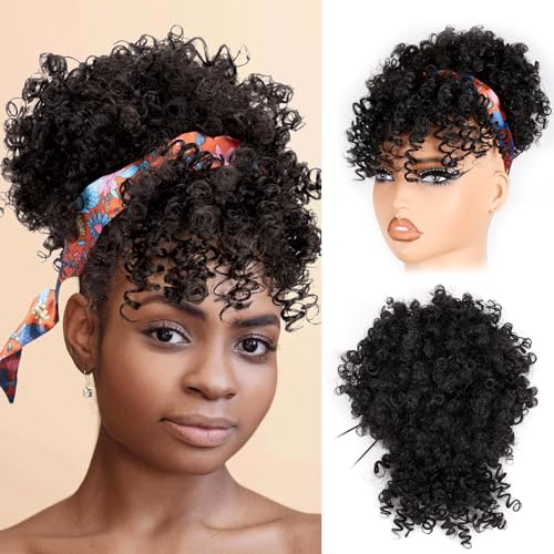 Drawstring Afro Puff Ponytail with Bangs - 1B Black