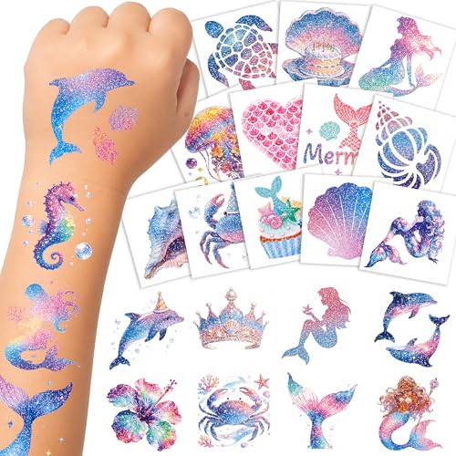 108 Glitter Mermaid Temporary Tattoos for Kids Party Favors