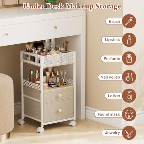 Plaviya White Makeup Organizer Cart for Under Desk Storage, 2 Shelves & Adjustable Dividers