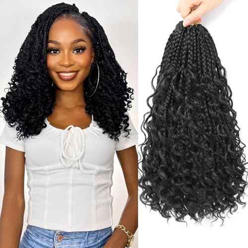 Goddess Box Braids Crochet Hair For Black Women-12 Inch 8 pack Pre Looped Boho Crochet Braids Short Prelooped Bohemian Boho Box Crochet Hair With Curly Ends£¨12in,#1b£©