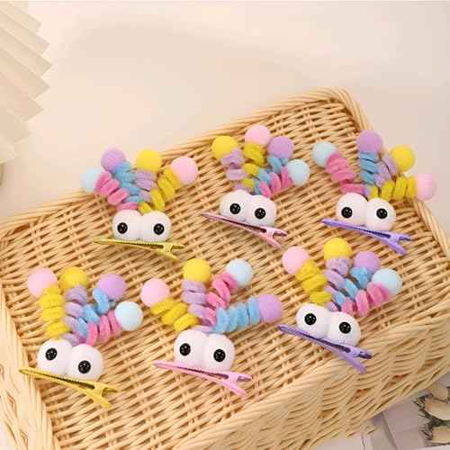 MIUPOO Fluffy Pom Poms Hair Clips,Crazy Hair Day Accessories for Girls,Quirky Little Monster Barrettes,Plush Duckbill Hairpins Hair Barrettes,Party Modeling Hair Accessories,2 Pieces,Pink eyes
