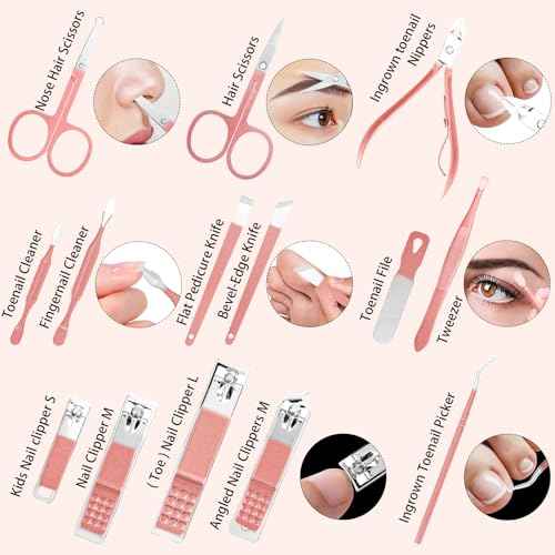 Nail Clippers Set, 26 Piece Manicure Set & Pedicure Kit, Stainless Steel Fingernail & Toenail Clipper Cutters, Professional Nail Care Tools with Luxurious Travel Case for Men and Women, Metallic Pink