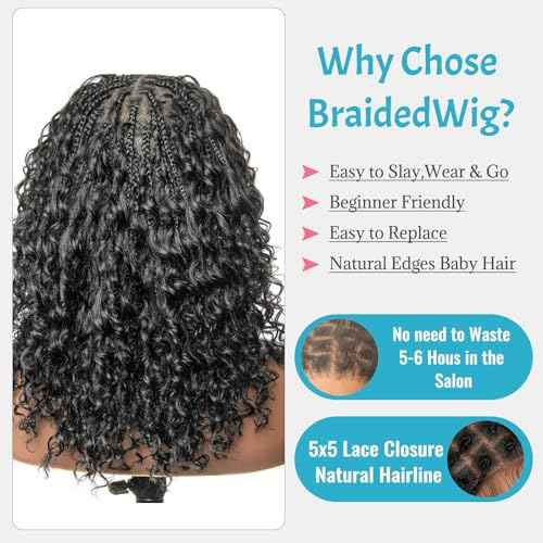 Knotless Boho Box Braided Wigs for Black Women 10 Inch Glueless Double 5x5 HD Lace Front Curly Human Hair 200% Density Short Boho Box Braided Bob Wigs Bohemian Knotless Braid Wigs with Baby Hair
