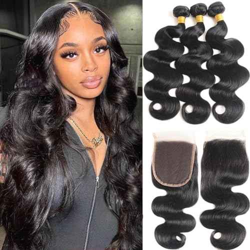 Bundles with Closure Human Hair Body Wave 12 14 16+10 Inch 100% Unprocessed Brazilian Virgin Hair Extensions 3 Bundles with 4x4 Free Part Lace Closure Natural Black