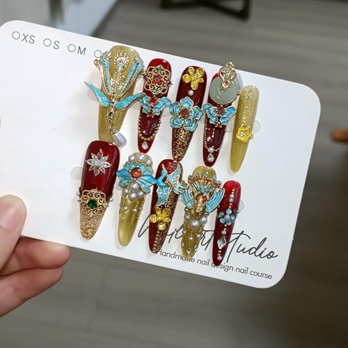 10Pcs Heirloom Chinese Bridal Press On Nails With Tools,Red Gold Phoenix Dragon Designs Fake Nails Long Stiletto,Full Crystals Heavy Relief Luxury Wedding Set Glue on Nails for Cheongsam(S)
