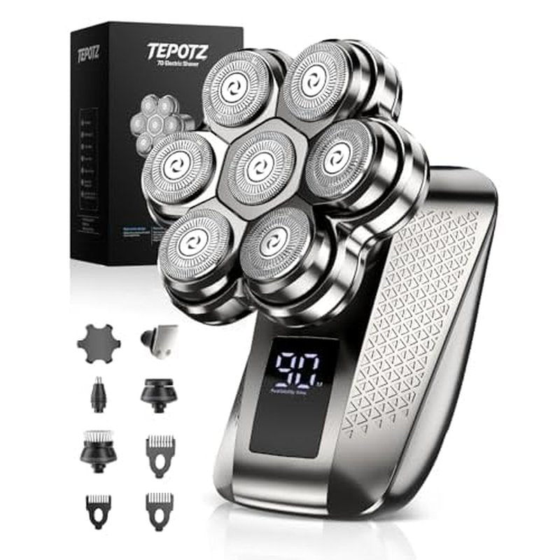 7D Head Shavers for Bald Men, IPX7 Waterproof Wet or Dry Electric Razor for Men/Women, 5-in-1 Detachable Head Shaver, Grooming Kit, LED Display/Type-C Charge, Travel-Friendly, Portable