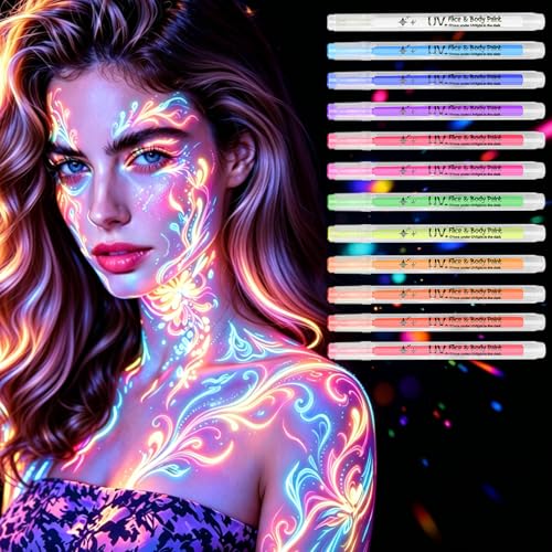 12-Color UV Glow Face & Body Paint Markers - Neon Black Light