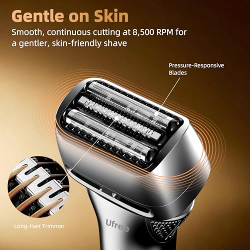 Ufree Electric Razor for Men, Rechargeable Cordless Foil Shaver, 8,500 RPM Wet and Dry Electric Shaver with 2 Speed Settings, LED Display, IPX7 Waterproof, Pop-Up Trimmer, Silver