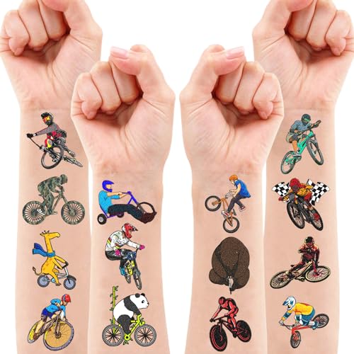 105 PCS Bike Temporary Tattoos Birthday Party Decorations Supplies Favors Black Bycicle Street Mountain Road Bike Sports Decor Stickers For Boys Girls Gift School Prizes Rewards