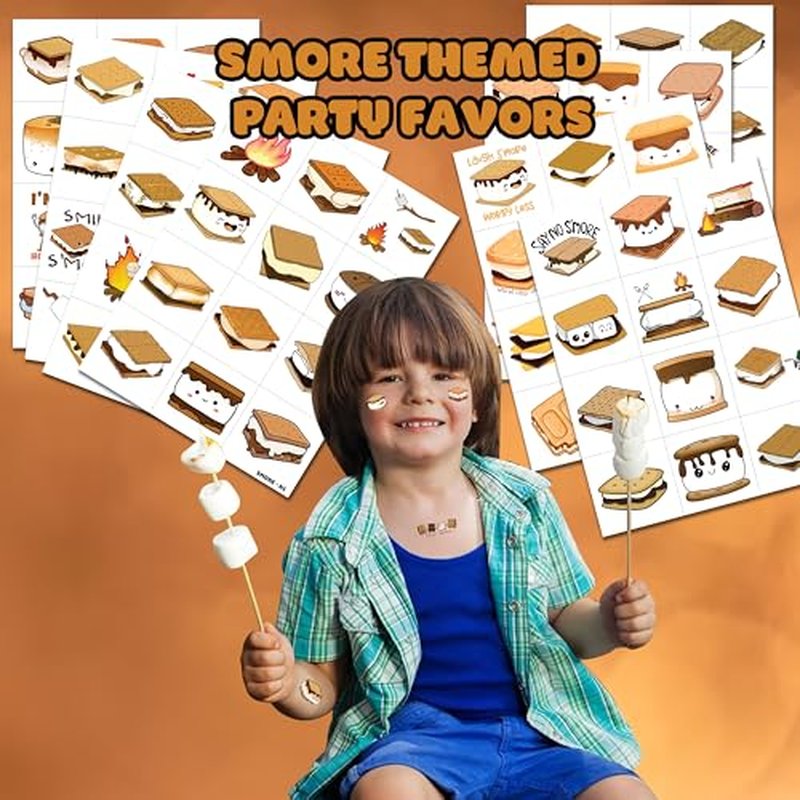 96PCS Smores Pre-Cut Temporary Tattoos Campfire Birthday Party Decorations Favors Supplies Camping Baby Shower Themed Stickers 8 Sheets Gifts for Kids Girls Boys Decor Class School (Normal)