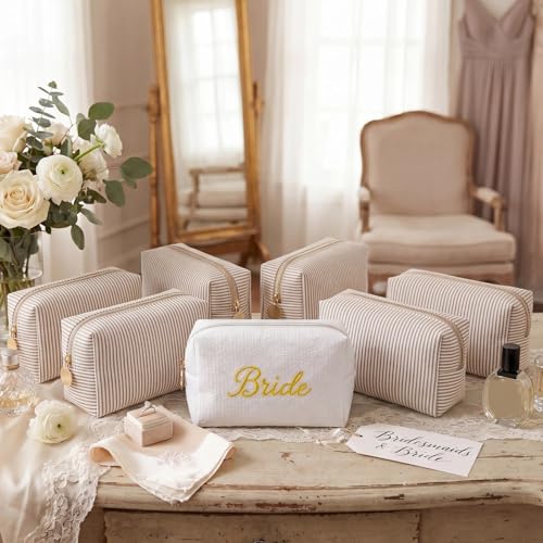 8-Piece Bridesmaid Makeup Bag Set, Seersucker & Embroidered