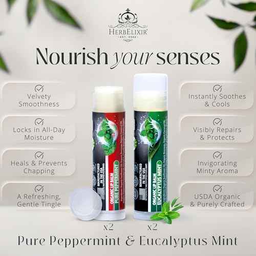 Organic Lip Balm Variety 4 Pack | Peppermint & Eucalyptus Mint Chapstick Set | Moisturizing for Dry Lips | For Men and Women