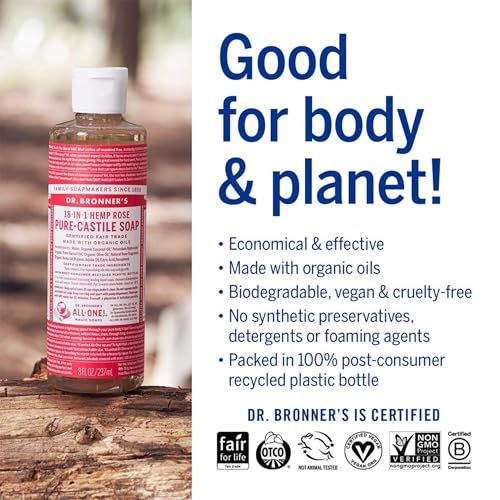 Dr. Bronner's - Pure-Castile Liquid Soap (Rose, 16 ounce, 2-Pack) - Made with Organic Oils, 18-in-1 Uses: Face, Body, Hair, Laundry, Pets and Dishes, Concentrated, Vegan, Non-GMO