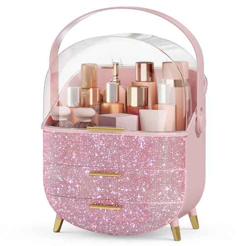 Bling Makeup Organizers for Teen Girl Gifts, Cosmetic Display Case with Clear Cover, Vanity Makeup Organizers for Lipstick Perfume Lotion and Skincare, Pink Diamond