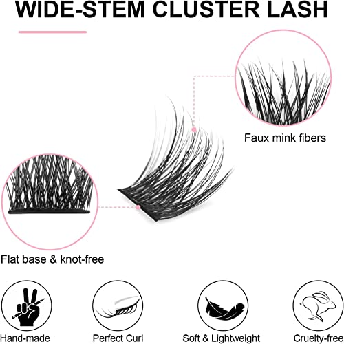 Fenshine Cluster Lashes Individual Lashes Wide Stem C/D Curl 9-15mm Length DIY Eyelash Extension Individual Soft False Lashes for Personal Use at Home (144pcs Mix 9-15MM, Eyelash Extension Kit)