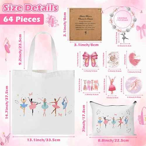 Y1tvei Cute Ballerina Canvas Bags Kit- Ballet Dancing Girl Recital Gifts with Tote bag Makeup Pouch Stickers Bracelet Card