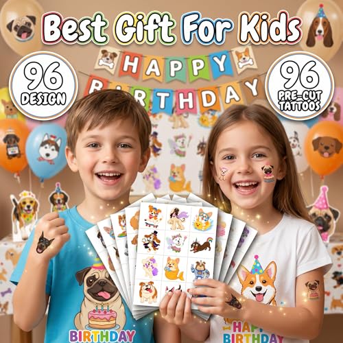 96 PCS Dog Temporary Tattoos for Kids | Waterproof Puppy Party Favors