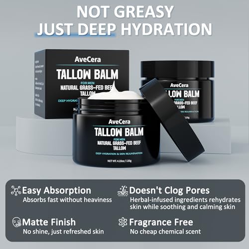 Wrinkles Smooths Beef Tallow Balm for Men Tallow Face Moisturizer for Face Hydration Anti Aging Cream - Natural Mens Facial Skincare Lotion with Jojoba Oil Clean Scent - 4.23 oz