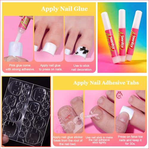 Square White Press On Toenails Kit, 15 Sizes with Glue