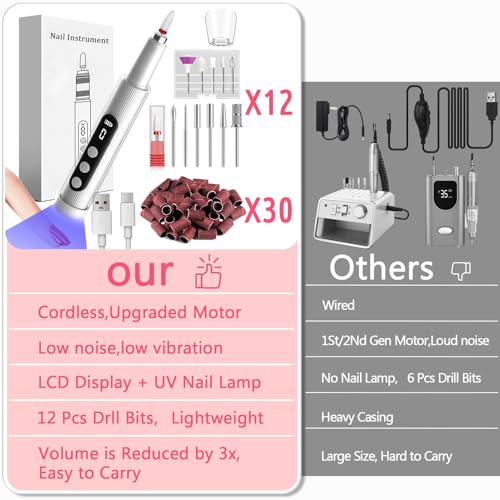 Electric Nail Drill Kit with U V Nail Lamp,Portable Cordless Electric Nail File with Display Screen,9 Speeds Professional Manicure Pedicure Polishing 12-in-1 Nail Drill Kit for Home and Salon Use