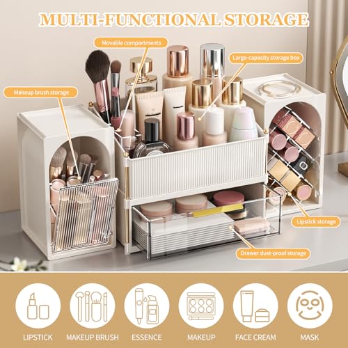 Makeup Organizer for Vanity with Brush Holder, Large Bathroom Countertop Cosmetic Organizer Skin Care Storage, Easy to Store Lipsticks, Nail Polishes, Perfumes (White+Transparent)