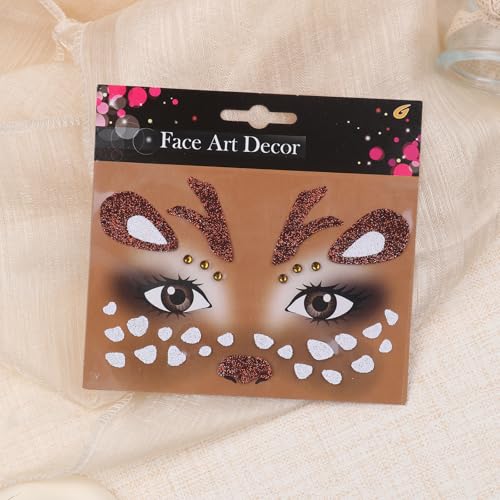 Totelux Christmas Reindeer Face Tattoos Stickers Glitter Face Jewels Cute Animal Deer Temporary Tattoo for Adult Kids Makeup Birthday Festive Cosplay Party Decoration Supplies 2Pcs