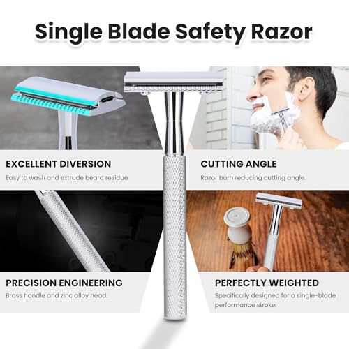 Single Blade Safety Razor With 10 Premium Stainless Steel Blades Double Edge Safety Razors For Men, Smooth Wet Shave Experience, Glossy Silver
