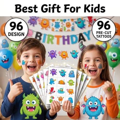 96 PCS Cute Monster Temporary Tattoos for Kids