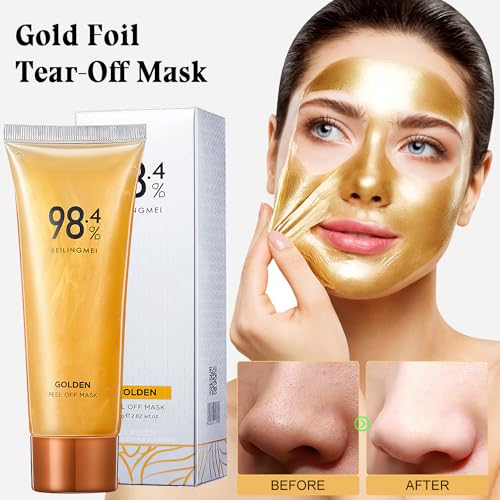 Omaky Gold Foil Peel-Off Mask, Peel-Off Anti-Wrinkle Face Mask, 98.4% Beilingmei Gold Face Mask, 24k Gold Face Mask, Gold Foil Tear-Off Mask for Skin Moisturizing and Deeply Cleans (2PCS)