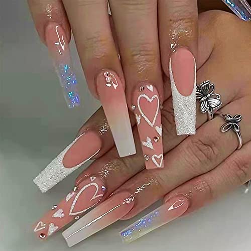 FOAMEE Colorful Long Press on Nails Coffin Glue on Nails Rainbow Gradient Full Cover Fake Acrylic Nails Matte Cute Stick on Nails for Women