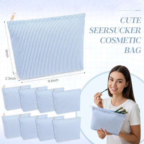 Blue 8-Piece Seersucker Makeup Bag Set for Women - Organizer Pouches