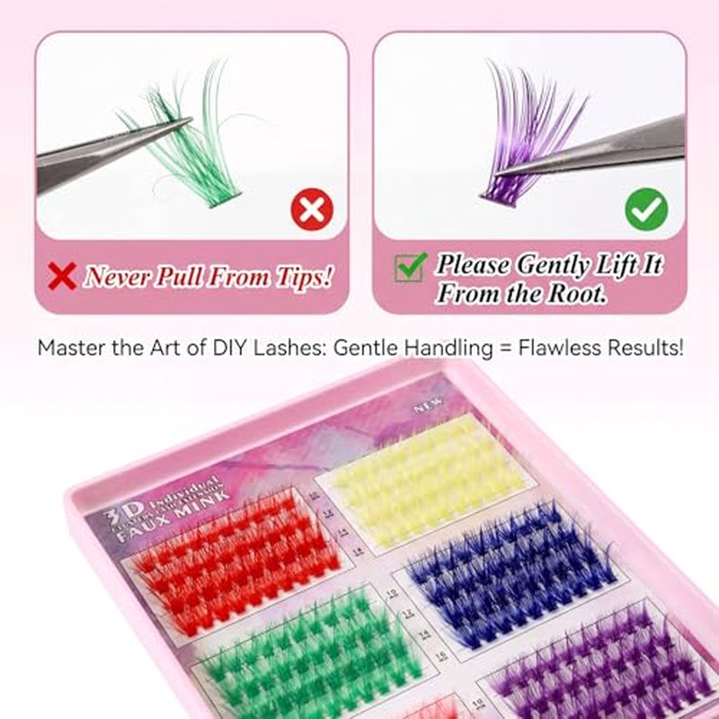 240Pcs Colored Lash Clusters 6 Colors Fake Eyelash Extension Kit 3D Individual 10mm 12mm 14mm 16mm Mixed Faux Mink Lashes C Curl Rainbow DIY Lash Clusters for Women Girls