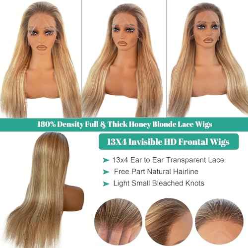 Munx Highlight Ombre Ash Blonde Lace Front Wigs for White Women, 13X4 Lace Frontal Human Hair Wig Brown Mixed Blonde Colored Glueless Pre Plucked Long Wigs with Tiny Knots 24in