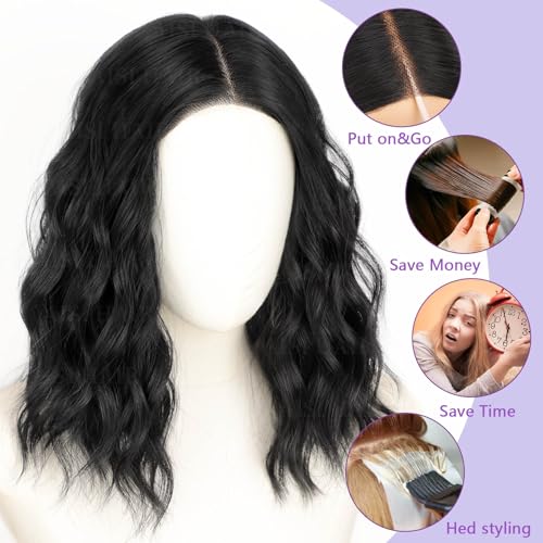 AISI HAIR 14-Inch Natural Black Wavy Bob Wig – Heat-Resistant