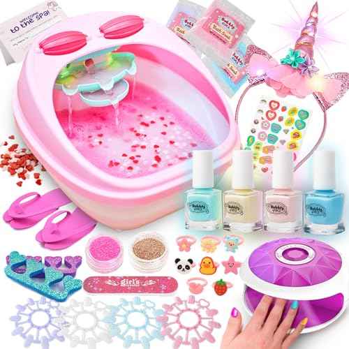 Glow in Dark Kids Spa Day Kit for Girls, 42+ Pieces Waterfall Foot Spa Toys, Nail Spa Kit, Pedicure Manicure Accessories, Perfect Spa Kit for Girls Ages 6 7 8 9 10 11 12, Fun Birthday, Christmas Gifts