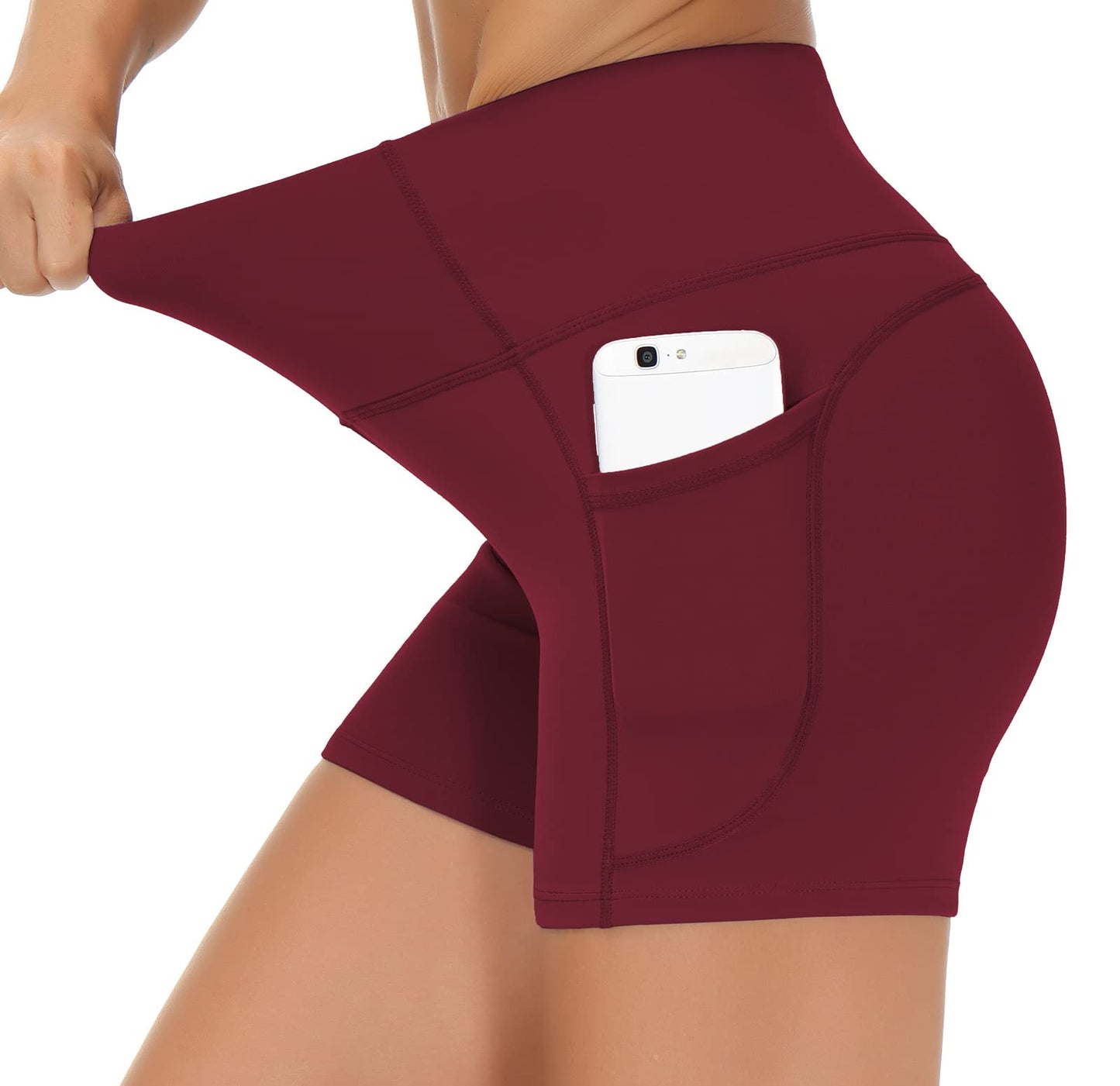 THE GYM PEOPLE High Waist Yoga Shorts for Women's Tummy Control Fitness Athletic Workout Running Shorts with Deep Pockets (Small, Wine Red)