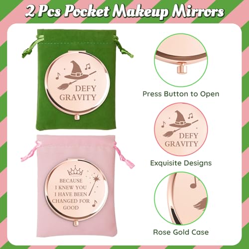 2 Pcs Witch Pocket Mirrors ? Witch Compact Makeup Mirror with Hat, Broom & Crown Wand Design, Movie or Musical Theatre Merch Stuff Gifts for Women & Girls (Rose Gold)