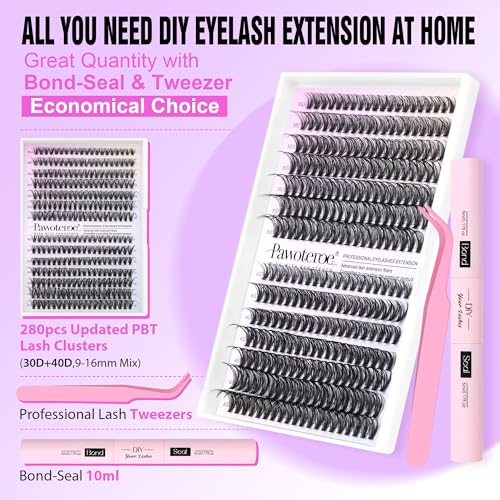 Pawotence Lash Extension Kit 280pcs DIY Cluster Lashes 9-16mm