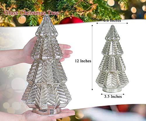 Lamris Tabletop Christmas Tree Timer Lighted 12 Inches Silver Mercury Glass Xmas Trees Decorations Table Centerpiece Mantel Window Home Decor