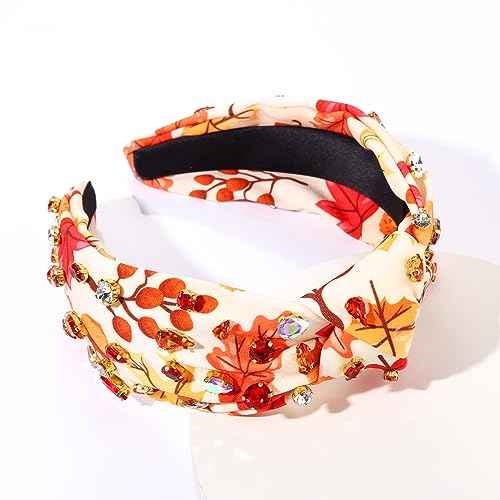 Thanksgiving Pearl Rhinestone Jeweled Knotted Headband - Fall Pumpkin Leaf Print Wide Knot Hairband - Turkey Holiday Hair Accessories Gifts