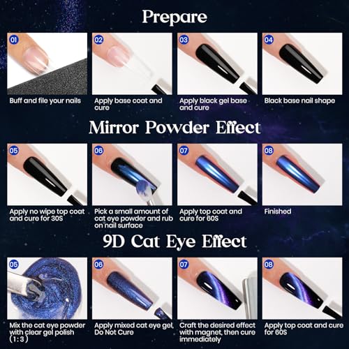 MIZHSE 9D Cat Eye Chrome Nail Powder Mirror Effect Blue Magnetic Glitter Pigment Powder for Gel Nails Chameleon Cateye Magic Galaxy Nail Art Powder with Magnet