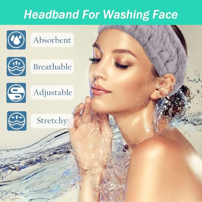 Microfiber Spa Headband 3-Pack for Face Washing & Makeup - Soft Terry Cloth in Black, Gray, White
