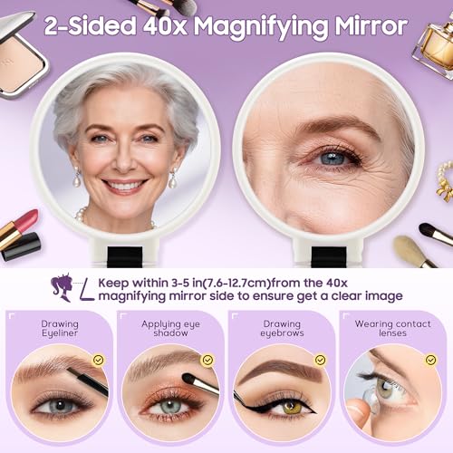 B Beauty Planet White 40X Magnifying Hand Mirror with Handle Travel Foldable Makeup Tool