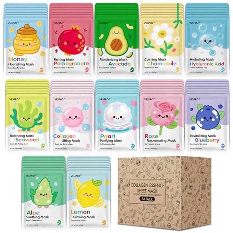 84 Pack Bulk Sheet Face Masks Skin Care, Hydrating and Moisturizing Collagen Facial Masks for All Skin Tybe, Spa Party for Women, Birtyday Gifts, Skincare Gifts Kit for Teen Girls (12 Types x 7 Pcs)