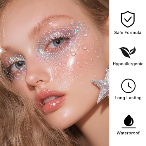 Face Body Glitter Set for Women and Kids, White Silver Purple Holographic Mermaid Sequins Chunky Glitter Makeup for Music Festival Rave Accessories, Christmas, Wedding, New Year, Prom