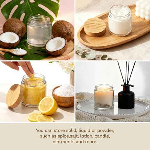 4 oz Small Glass Jars with Lids, Bumobum Clear Cosmetic Jars with Plastic Woodgrain Lids, 120ml Refillable Empty Containers for Cream, Salve, Powders and Lotion Storage, 4 Pack