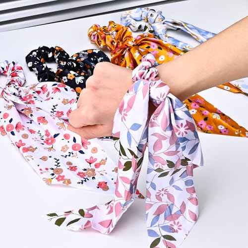 5-Piece Fabric Classic Bowknot Hair Ties, Elegant Hair Scarf Scrunchies Long Ribbon Ponytail Holders Head Bands, Elastic Vintage Bow Tie Hair Accessories for Ladies Women Girls (Flower Print)